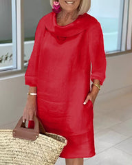 Stitching Round Neck Casual Style Solid Color Long Sleeve Dress