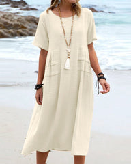 Solid Color Round Neck Short Sleeve Midi Dress Summer Holiday Casual Maxi Sundress