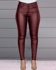 Solid Color PU Leather Casual Pencil Pants Leggings
