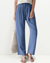 High Waist Trousers Solid Color Palazzo Pant Beach Casual Boho Drawstring Bottoms