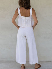 Square Neck Sleeveless Button Crop Tank Top and Elastic Wide Leg Pants Set
