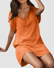 Loose Leisure V-Collar Short Sleeve Summer Cotton Linen Dresses