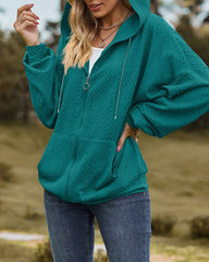 V-Neck Zipper Closure Solid Color Long Loose Hoodie Jacket