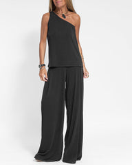 Two-piece Set Solid Soft Sleeveless Tank Vest Wide Leg Pants Casual Loose Outfit Suit