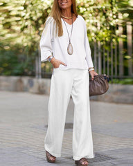 Two-Piece V-Neck Long-Sleeved Shirt and Solid Color Wide-Leg Pants Set