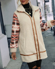 Ethnic Style Print Coat Lapel Zip Long Sleeve Plush Patchwork Jacket Outerwear