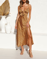 Spaghetti Strap Midi Dresses Sexy Deep V Neck Backless Floral Print Side Slit Maxi Dress