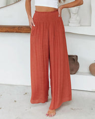 Loose Beach Elastic High Waist Casual Wide Leg Palazzo Yoga Lounge Trousers with Pockets