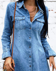 Denim Dress Long Sleeve Button Down Distressed Loose Casual Mini Shirt Dress