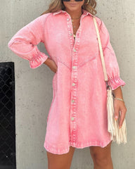 Denim Shirt Dress 3/4 Long Sleeve Button Down Babydoll Jean Shirt Dresses