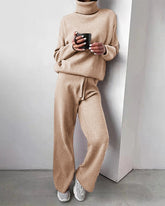 Women's Knitted Sweater Set Solid Color Two Piece Turtleneck Sweater Straight High Waist Wide Leg Pants Set