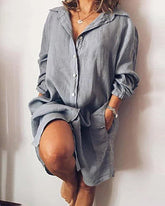 Cotton and Linen Shirt Dress Casual Loose Pocket Midi Dresses