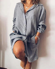 Cotton and Linen Shirt Dress Casual Loose Pocket Midi Dresses