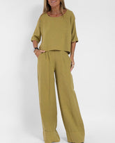 Two-piece Set Loose Vacation O-neck Half Sleeve Solid Tops Casual Wide Leg Pants Suits