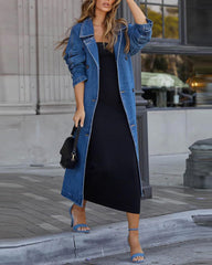 Retro Mid-length Denim Jacket Loose Fit Double-breasted Denim Jacket Windbreaker with Belt