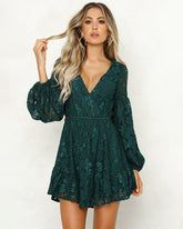 Lace Dress Deep V Floral Long Sleeve Cocktail Swing Dress