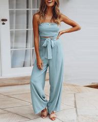 Solid Off Shoulder Bandeau Tube Tops Wide Leg Jumpsuit One Piece Cutout Tie Knot Romper Outfit