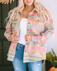 Multicolor Western Aztec Print Button Flap Pocket Shacket