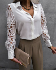 Elegant Lace V-NeckShirt Solid Color Hollow Out Long Sleeve Patchwork Blouse