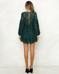 Lace Dress Deep V Floral Long Sleeve Cocktail Swing Dress