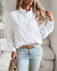 Ruffle Trim Button Front Shirt Regular Fit Long Sleeve Work Blouse