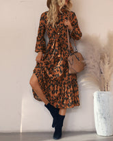 Long-sleeved Leopard Print Button Mid Dress with Belt