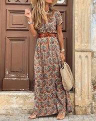 V Neck Short Sleeve Print Dress Belt Big Hem Beach Dress Elegant Long Dress