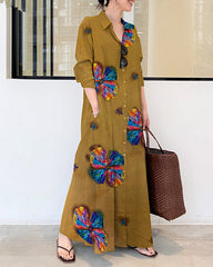 Lapel Long Sleeve Long Shirt Dress butterfly Printed Loose Plus Size Maxi Dresses