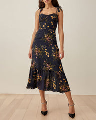 Vintage Floral Dress Frill Neck Sleeveless Strap Tie Ruffle Hem Beach Dress