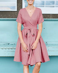 Short Sleeved With Belted Dress Holiday Dresses