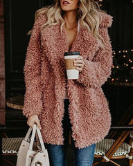 Pink Teddy Bear Coat Winter Warm Loose Oversized Fleece Jacket Pockets Faux Fur Coat