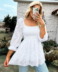 Frill Blouse Crop Top Vintage Square Neck Long Sleeve Ruched Shirt