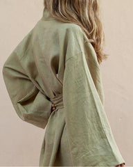 Short Robe Dress Open Front Belted Cardigan V Neck Flare Long Sleeve Cover Up