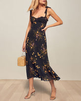 Vintage Floral Dress Frill Neck Sleeveless Strap Tie Ruffle Hem Beach Dress