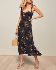 Vintage Floral Dress Frill Neck Sleeveless Strap Tie Ruffle Hem Beach Dress