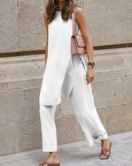 Summer Loose Casual Sleeveless Round Neck Split Blouse Wide Leg Pants Set