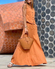 Two-Piece Set Sleeveless V-Neck Crop Top and Midi Flared Skirt Suits