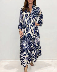 Printed Shirt Dresses V-Neck Three Quarter Sleeves Midi Dress