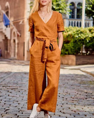 Short Sleeve Solid Color V Neck Soft Romper Jumpsuit with Belt
