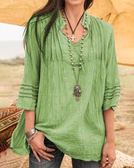 Solid V-Neck Tees Lace Splicing Fold Blouse Flowy Casual Loose Fit Shirt