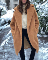 Faux Fur Plush Coat Open Front Solid Long Teddy Overcoat