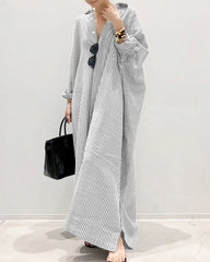Striped Button Down Shirt Dress V Neck Long Sleeve Casual Loose Maxi Long Dresses
