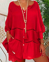 Plus Size Solid Hollow Out V-Neck Pullover Tops Shirt Dresses