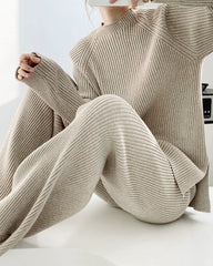 Solid Color Knitted Two Piece Casual Loose Loungewear Knit Sweater&Pants Set