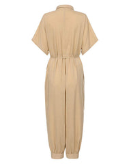 Solid Color Lapel Slim Long Single-Breasted Rompers Short Sleeve Jumpsuits