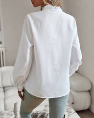 Ruffle Trim Button Front Shirt Regular Fit Long Sleeve Work Blouse