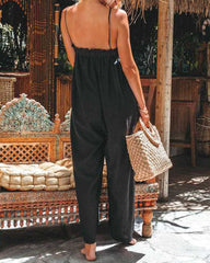 Sleeveless Strap Loose Jumpsuits Stretchy Long Pants Romper with Pockets