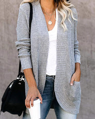 Long Sleeve Open Front Cardigans Curved Fly Pocket Sweater Outwear