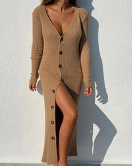 Knit Thread Button Long Sleeve Cardigan Dress