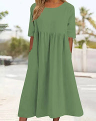 Beach Short Sleeve Scoop Neck Ruffle Swing Casual Boho Midi Dress with Pockets